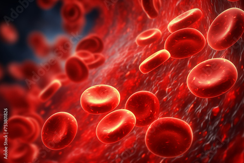 Close-up view cluster of blood cells within an artery, depicted with a deep red color palette highlighting the cells and the vessels interior.