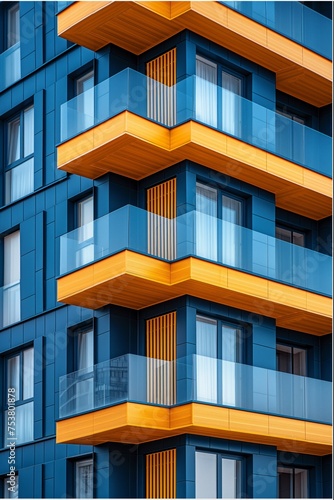 Modern apartment building with vibrant orange fa  ade and protruding glass balconies under a blue sky