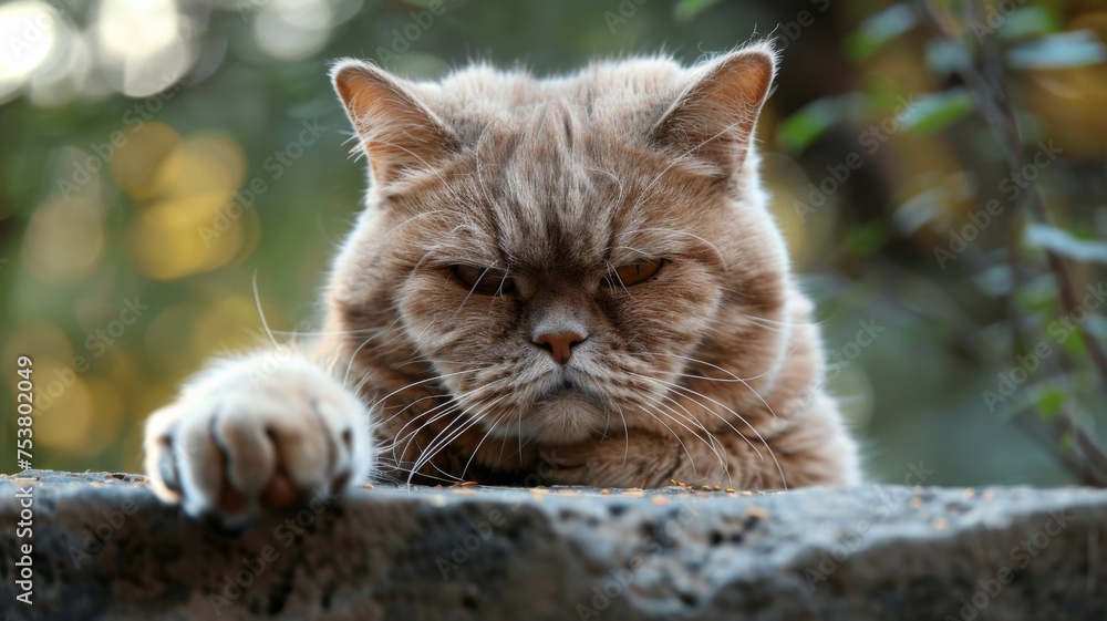 Grumpy cat lounging on a stone - A detailed close-up of a grumpy looking cat relaxing on a stone with a defocused background