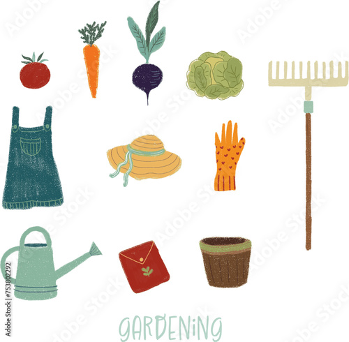 Colorful gardening tools elements illustration hand painted with gouches isolated on white background