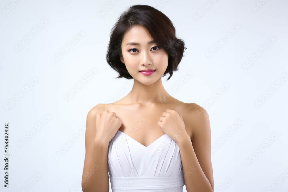 Asian woman model with short hair posing for breast cancer awareness light white background women international day Asian woman model with short hair posing for breast cancer awareness light white background women international day