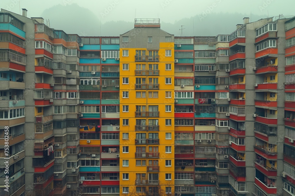 A colorful apartment complex with a prominent yellow section amidst a foggy, mountainous backdrop A colorful apartment complex with a prominent yellow section amidst a foggy, mountainous backdrop