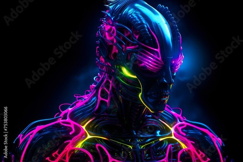 A mythical warrior surrounded by vibrant neon linestechnologysci fineon
