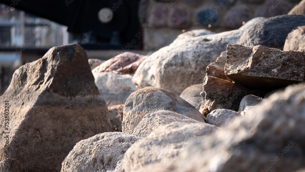 Close up of randomly placed rocks and boulders.