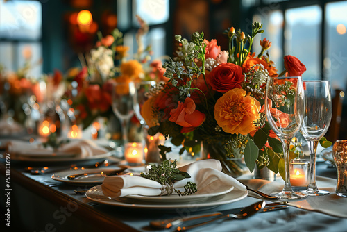 Reception Decor: Table setting served and decorated for wedding banquet