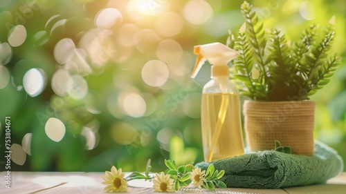 Spa essentials with green plants and natural oils - The image captures a serene spa setting with fresh green plants in a pot, natural oils, and a towel, all bathed in soft, glowing light, inviting rel photo