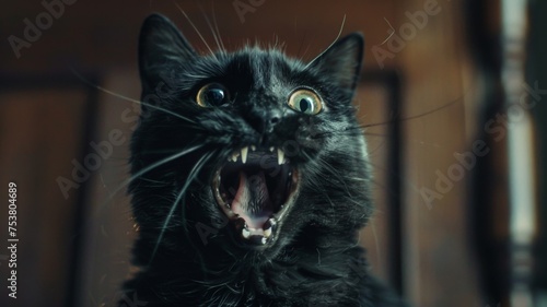 Spooky black cat with wide eyes - Eerie black cat with glowing wide eyes and visible fangs, evoking superstition and Halloween vibes