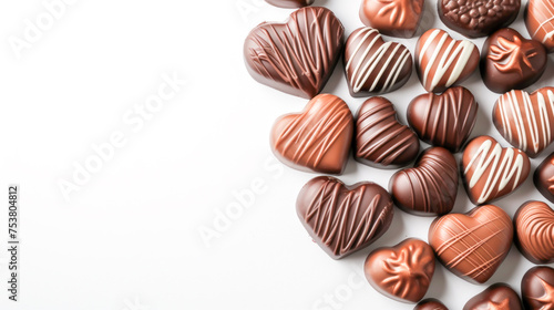 Assorted chocolate candies hearts on white background crafted with love and artistry create a mosaic of indulgence. Perfect for sweet moments, gift, and celebration of love. Copy space