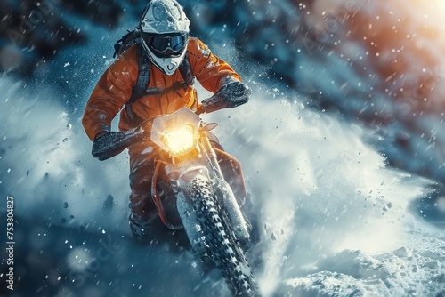 Dynamic image of a motocross rider in orange gear cutting through a heavy snow flurry during a race