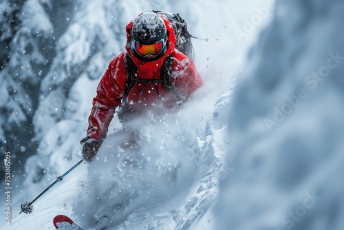 A skier decked in red gear bravely descends through thick, powdery snow, showing the thrill and intensity of winter sports against a mountainous backdrop