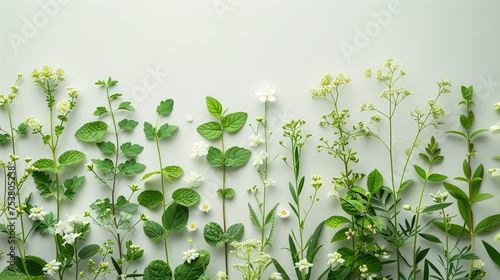 Depict the connection between biology and nature by showcasing plants with intricate biochemistry structures on a clean