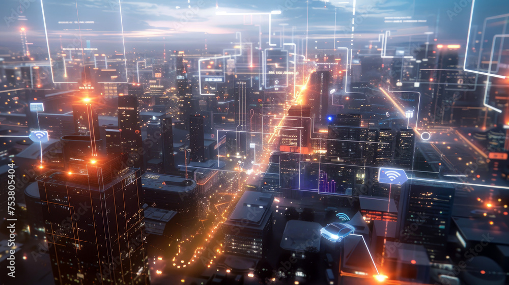 An illuminated smart city at dusk showcasing an intricate network of IoT devices and 5G towers enhancing urban connectivity.
