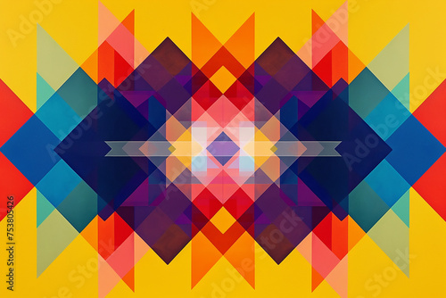 A minimalist artwork with simple geometric shapes in primary colors, arranged in a symmetrical pattern.