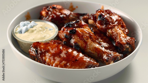 A bowl of spicy chipotle chicken wings, coated in a glossy sauce and served with a side of blue cheese dressing, displayed on a white background to emphasize the bold flavors and casual indulgence