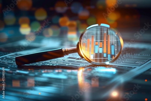 Business trend data analysis with magnifying glass, investing candles, stock market or cryptocurrency investing concept with bokeh defocused background.