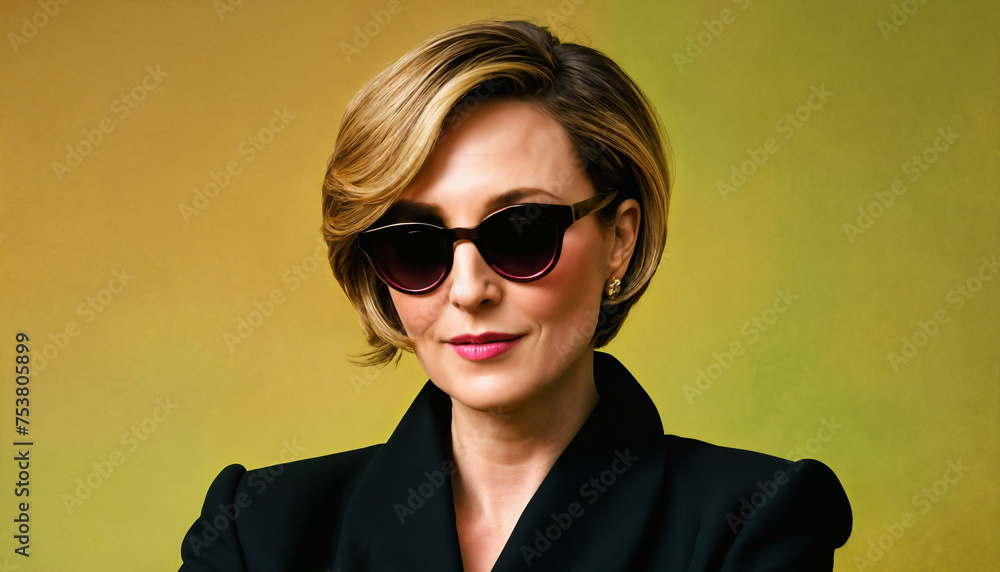 photo of middle aged woman with leather suit jacket and hand gloves standing against pink background, generative AI photo of middle aged woman with leather suit jacket and hand gloves standing against pink background, generative AI