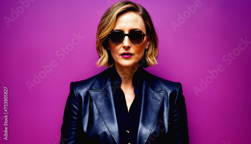 photo of middle aged woman with leather suit jacket and hand gloves standing against pink background, generative AI