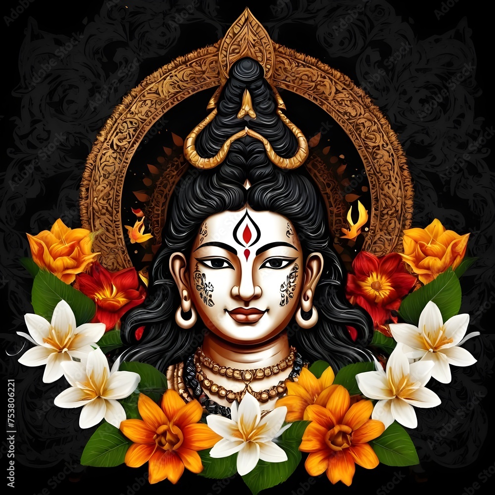 Obraz premium Maha shivratri illustration of trishul damru and flowers with black background shivratri post