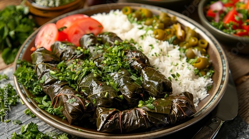 A Kurdish dolma platter with stuffed grape leaves and seasoned rice