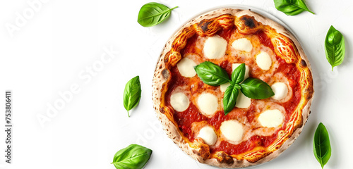 A classic Margherita pizza with a bright red sauce, fresh mozzarella