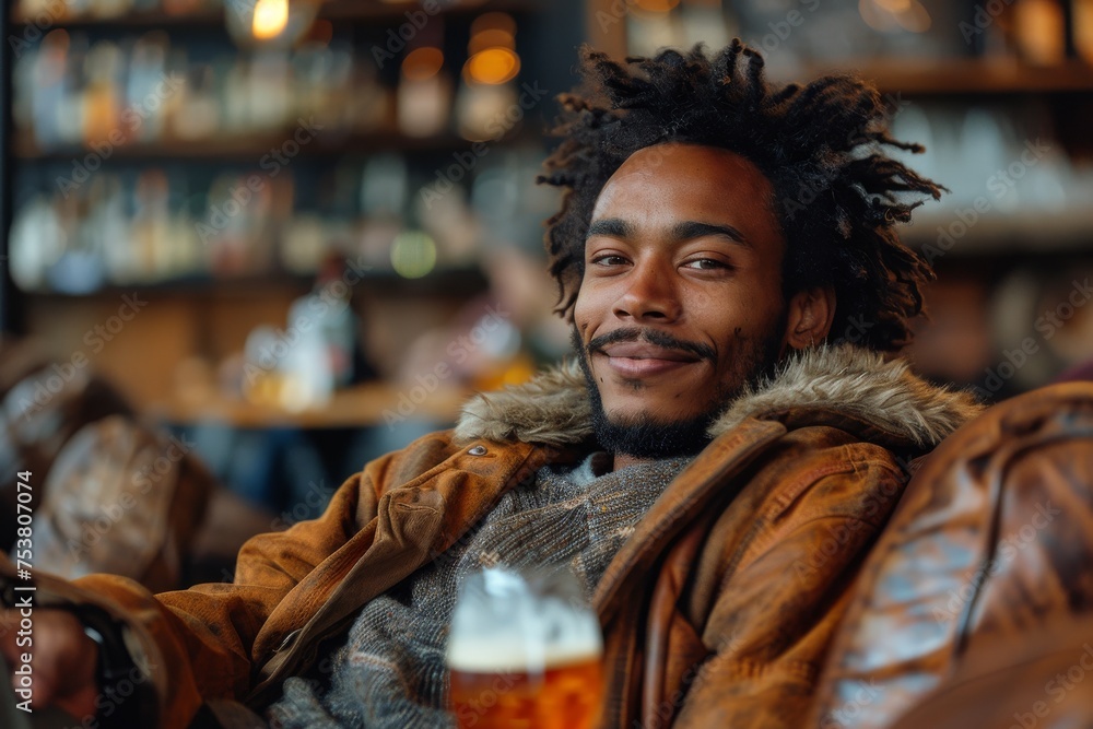 A relaxed man with dreadlocks smiles while holding a beer, with a blurred bar background that conveys a comfortable atmosphere