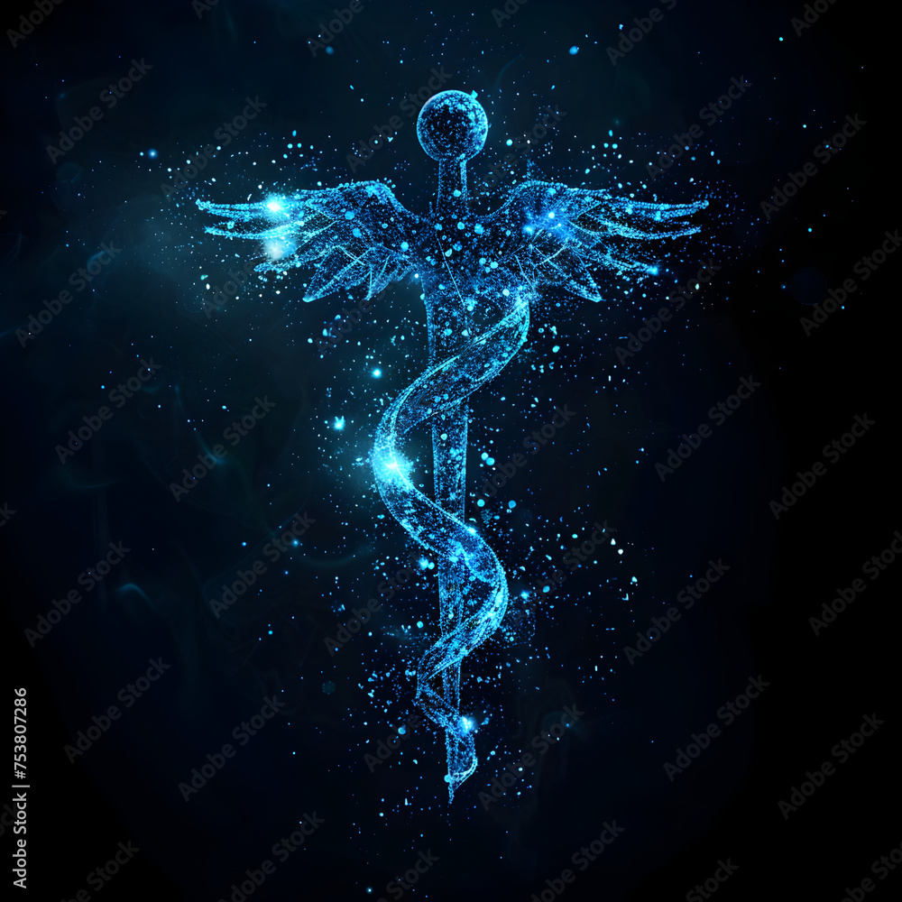 A medical Caduceus made of blue digital particles A medical Caduceus made of blue digital particles