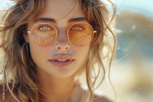 Detailed portrait of an attractive young woman wearing oversized amber sunglasses with reflection