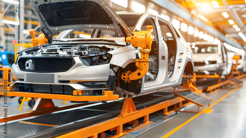 Robotic arms working on car assembly in a modern automated vehicle manufacturing factory.
Robotic arms working on car assembly in a modern automated vehicle manufacturing factory.