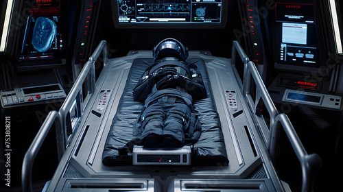 An astronaut lying in a state of hyper sleep inside a chamber aboard an advanced spacecraft with illuminated control panels.
 photo