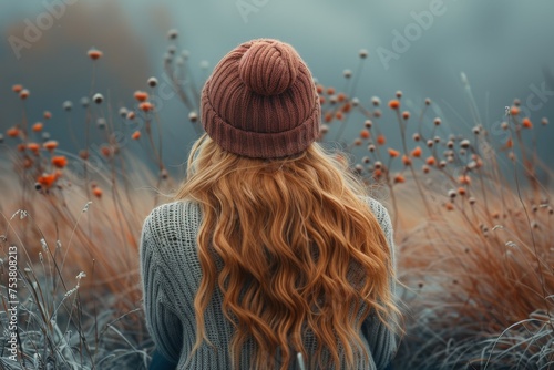 A serene image capturing a woman gazing out at a field filled with autumnal flora during twilight, instilling a sense of calm and contemplation photo