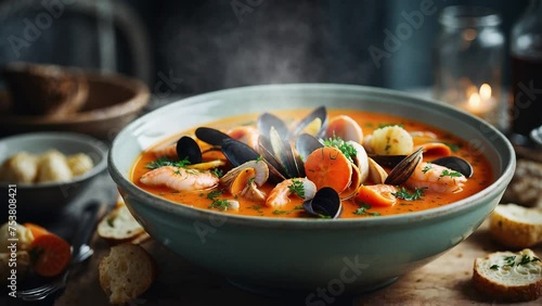 a bowl of Bouillabaisse, a French dish photo