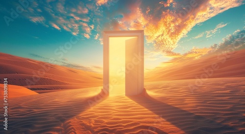  Opened door on desert. Unknown and start up concept. This is a 3d illustration 