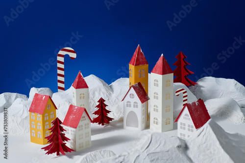 Christmas magic background with little decorative houses photo