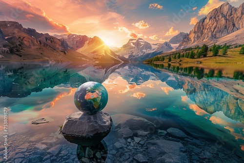 A captivating image of a globe set against the backdrop of a breathtaking mountain range, with a crystal-clear lake in the foreground reflecting the entire scene.