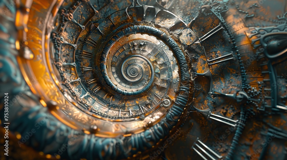 Abstract fractal spiral in three dimensions, featuring an ancient old clock and a surreal infinity time spiral in space. Concept of time travel Abstract fractal spiral in three dimensions, featuring an ancient old clock and a surreal infinity time spiral in space. Concept of time travel