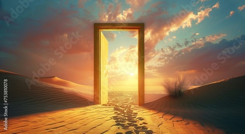  Opened door on desert. Unknown and start up concept. This is a 3d illustration 