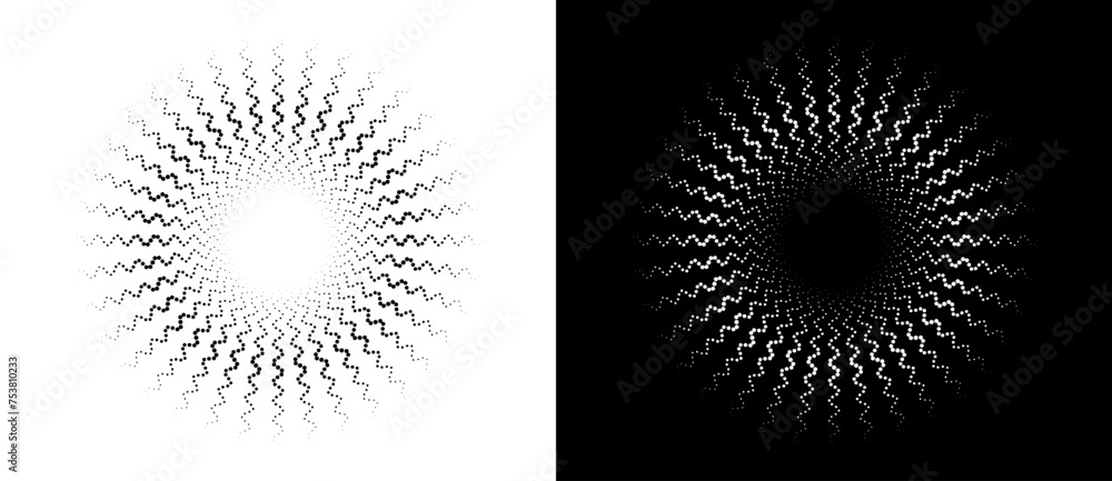 Art sun concept background. Tattoo template or logo with lines. Black shape on a white background and the same white shape on the black side. Art sun concept background. Tattoo template or logo with lines. Black shape on a white background and the same white shape on the black side.