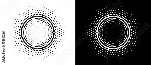 Modern abstract background. Halftone dots in circle form. Spiral logo, icon or design element. Black dots on a white background and white dots on the black side.