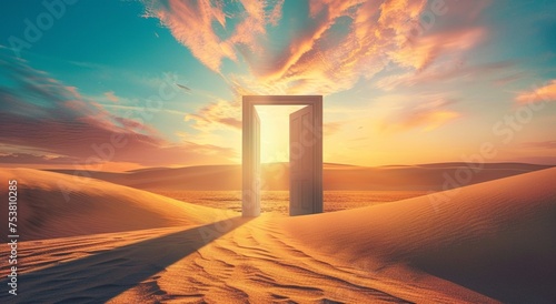  Opened door on desert. Unknown and start up concept. This is a 3d illustration 