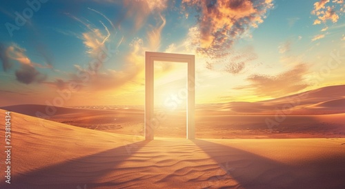  Opened door on desert. Unknown and start up concept. This is a 3d illustration 