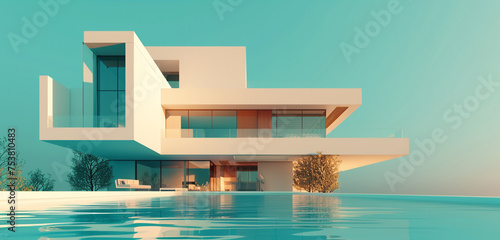 Draft a modern home with a bold architectural approach, on a soft teal background © Riffat