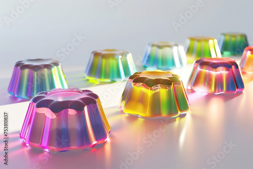 A modern, minimalist setting featuring a series of iridescent jello desserts, each a different hue, lined up © Riffat
