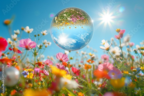 A mesmerizing image of a delicate, transparent globe floating above a vibrant, flowering meadow, representing the fragility and beauty of our planet on Earth Day.