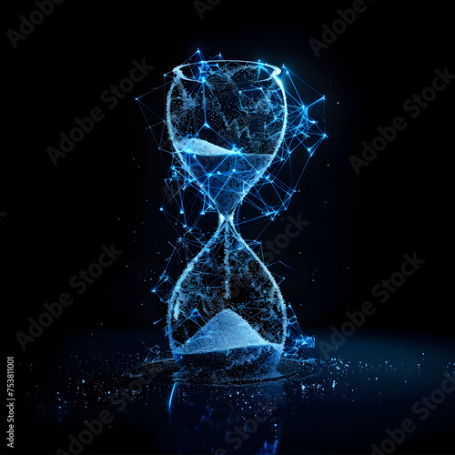 An Hourglass made of blue digital particles on a black background 