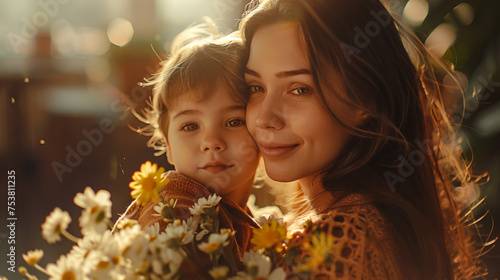 Cute little girl greeting her mother at home. Mother's day concept photo