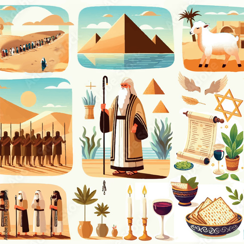 Passover History – Exodus of the Jews from Egypt Illustrated for Design Projects