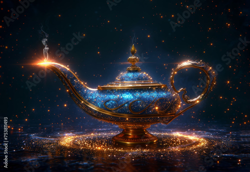 Magic lamp Aladdin. Magical shining golden lamp with rising magic dust with shimmering glitter particles. Genie comes out of the bottle. Generative AI photo