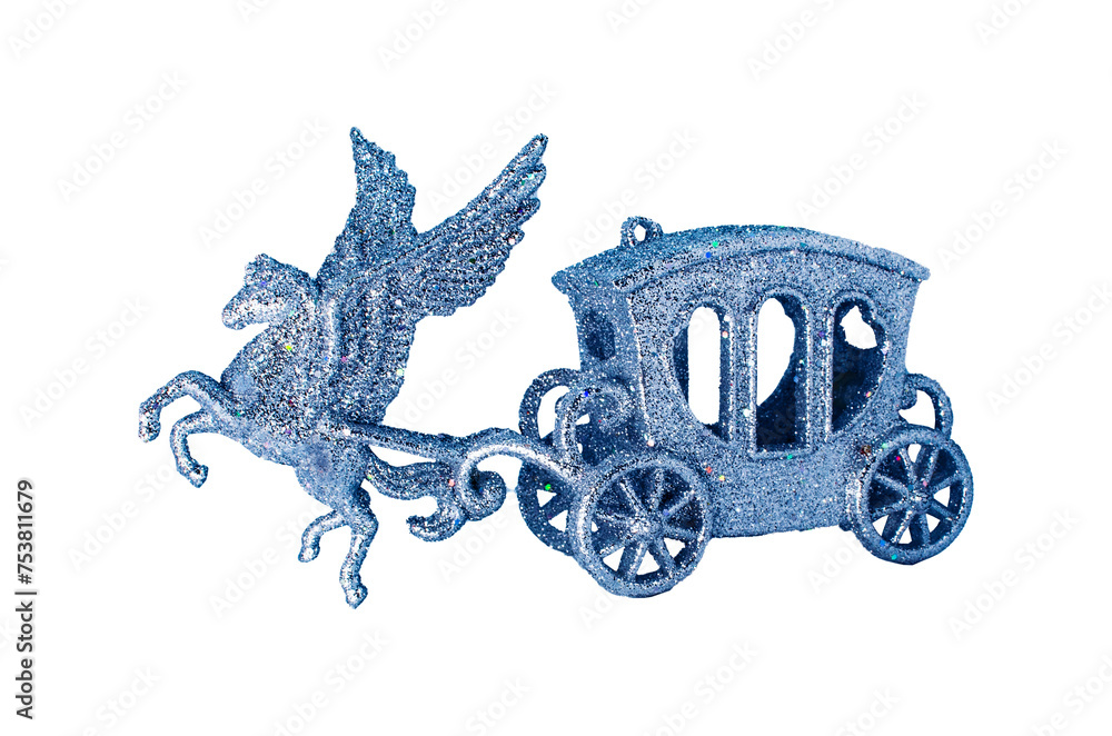 Obraz premium Silver pegasus Winged horse drives carriage isolated on white Christmas element Winter mood Shining decoration New year
