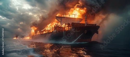 Cargo Ship on Fire at Ocean in the Night photo