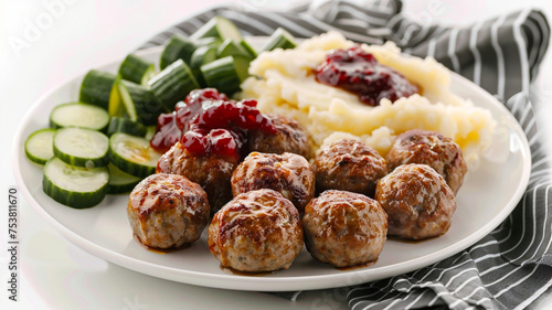 A plate of meatballs, served with lingonberry jam, creamy mashed potatoes
